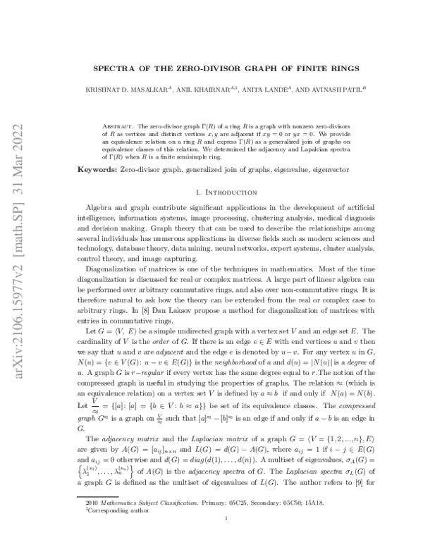 (PDF) Spectra of the zero-divisor graph of finite rings