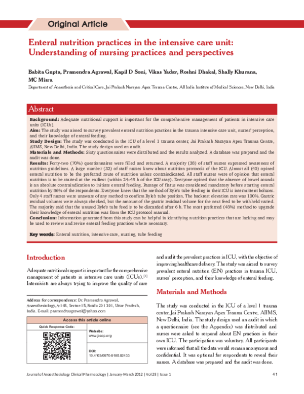 (PDF) Enteral nutrition practices in the intensive care unit ...