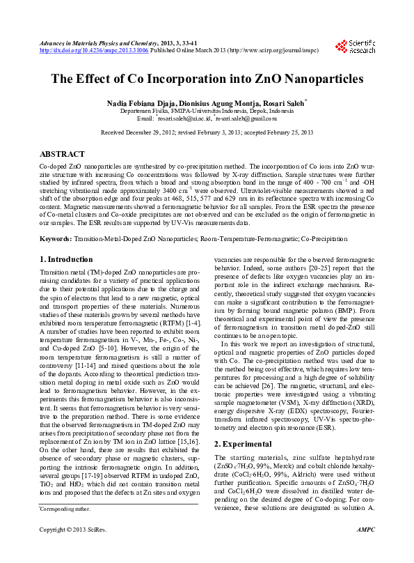 (PDF) The Effect of Co Incorporation into ZnO Nanoparticles