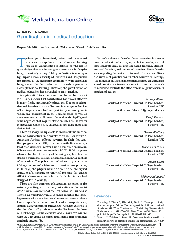 (PDF) Gamification in medical education Maroof Ahmed Academia.edu
