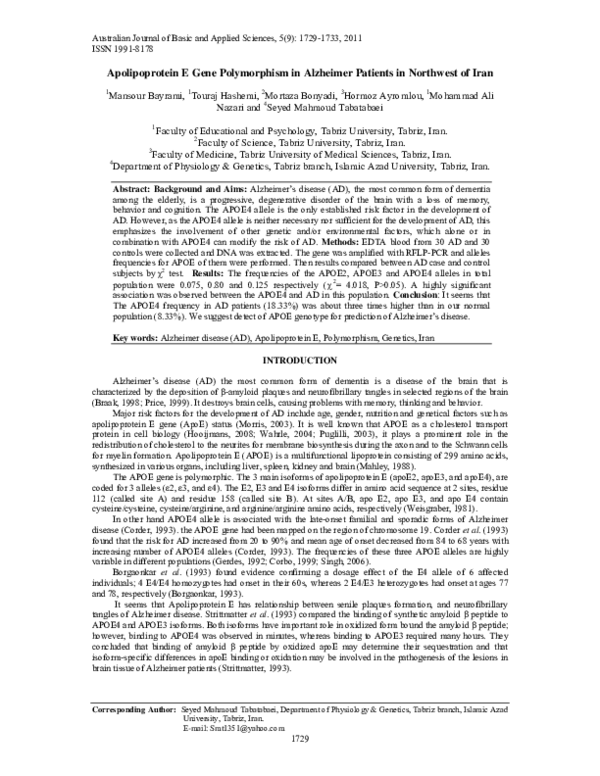 (PDF) Apolipoprotein E Gene Polymorphism in Alzheimer Patients in ...