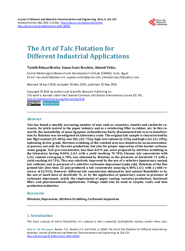 (PDF) The Art of Talc Flotation for Different Industrial Applications