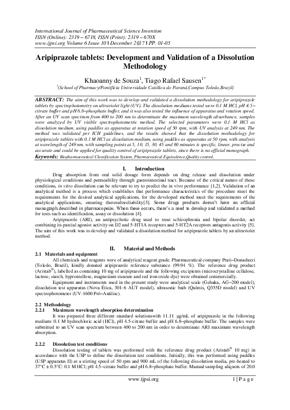 (PDF) Aripiprazole tablets: Development and Validation of a Dissolution ...
