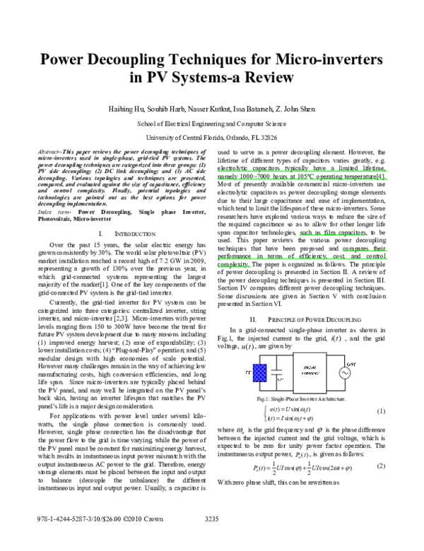 (PDF) Power decoupling techniques for microinverters in PV systemsa