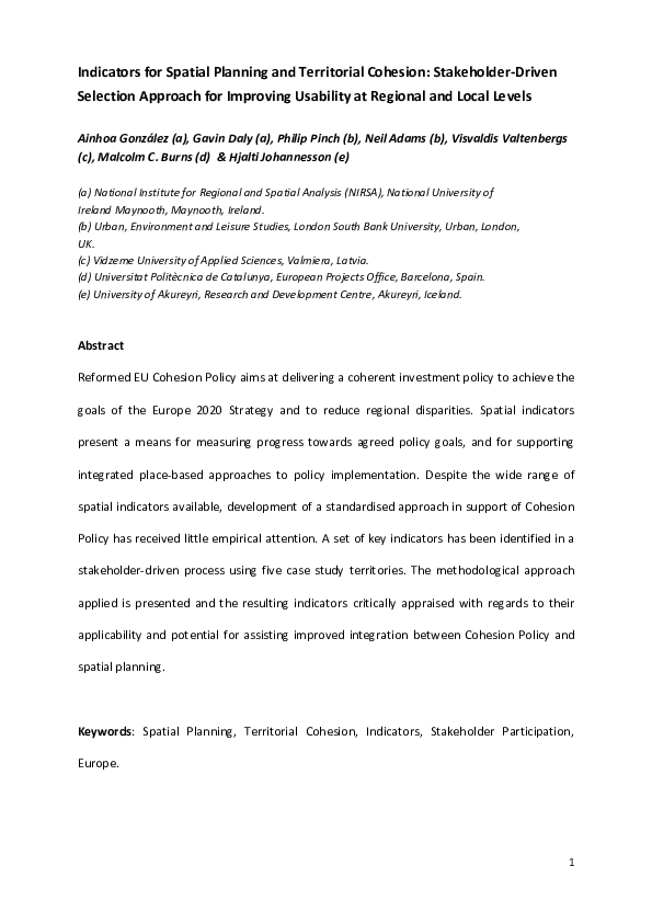 (PDF) Indicators for Spatial Planning and Territorial Cohesion ...