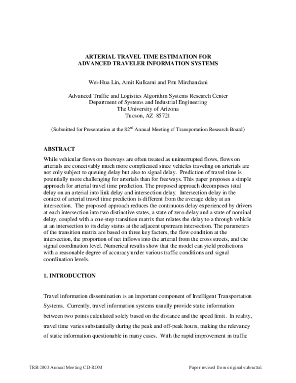 (PDF) Arterial Travel Time Estimation for Advanced Traveler Information ...