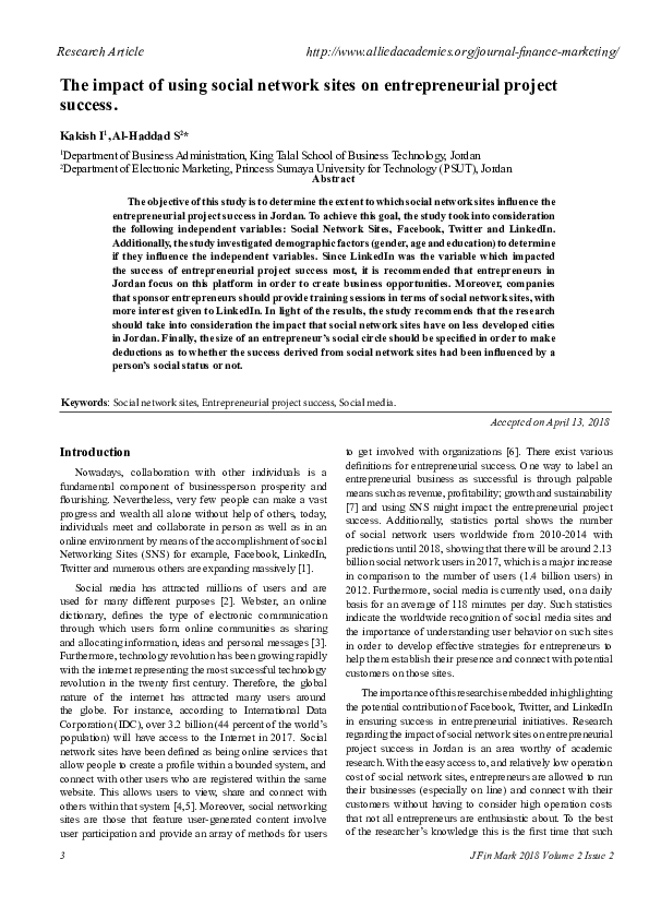 (PDF) The impact of using social network sites on entrepreneurial ...