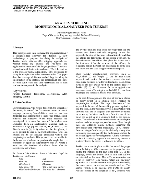 (PDF) An affix stripping morphological analyzer for Turkish