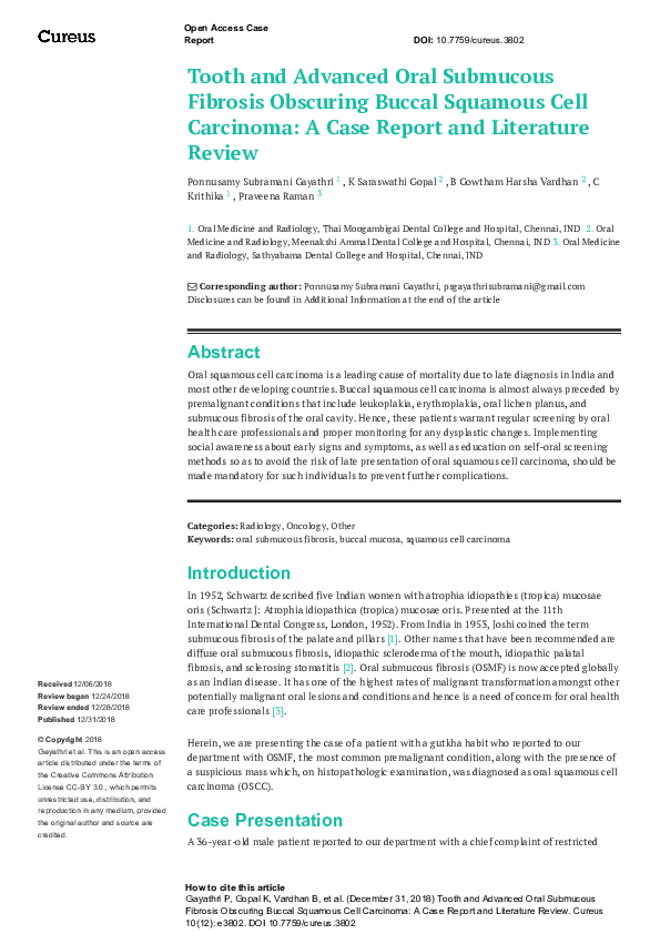 (PDF) Tooth and Advanced Oral Submucous Fibrosis Obscuring Buccal ...
