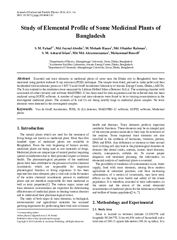 (PDF) Study of Elemental Profile of Some Medicinal Plants of Bangladesh