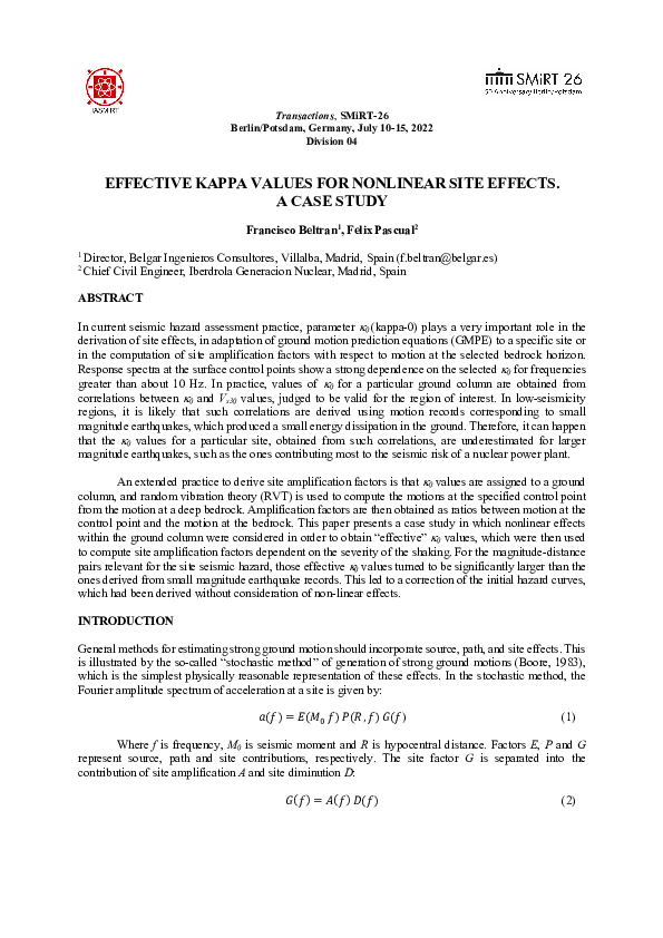 (PDF) Effective Kappa Values for Nonlinear Site Effects. A Case Study