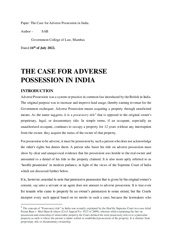 (PDF) Paper: The Case for Adverse Possession in India