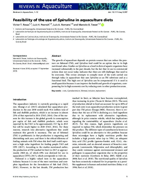 (PDF) Feasibility of the use of Spirulina in aquaculture diets Luis
