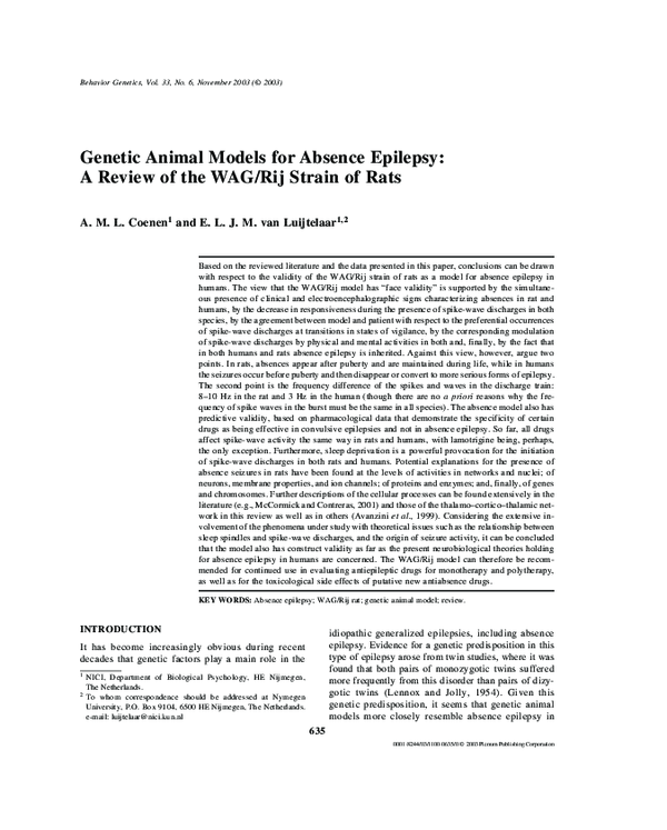 (PDF) Animal Models for Absence Epilepsy A Review of the WAG