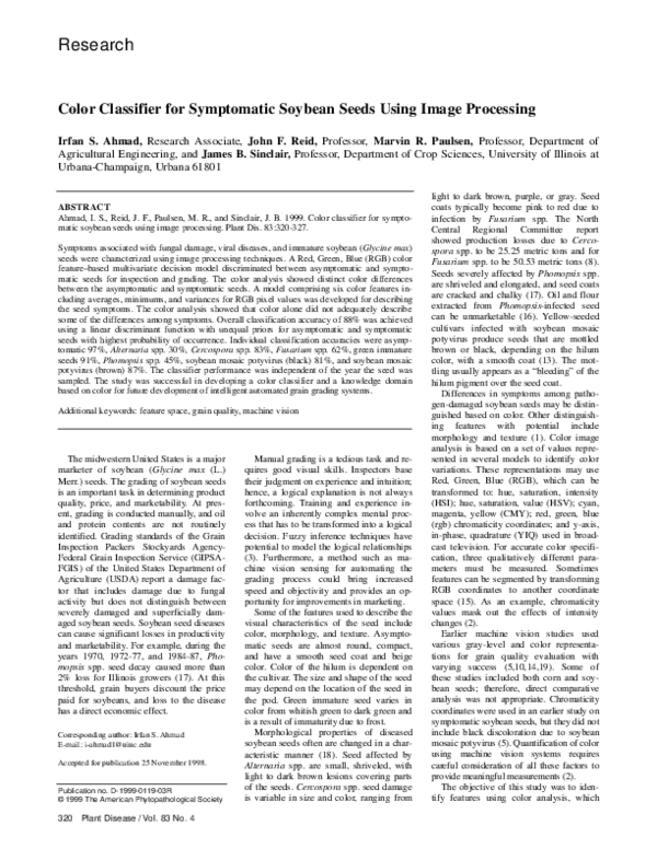 (PDF) Color Classifier for Symptomatic Soybean Seeds Using Image Processing