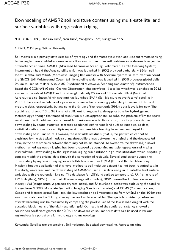(PDF) Downscaling of AMSR2 soil moisture content using multi-satellite ...