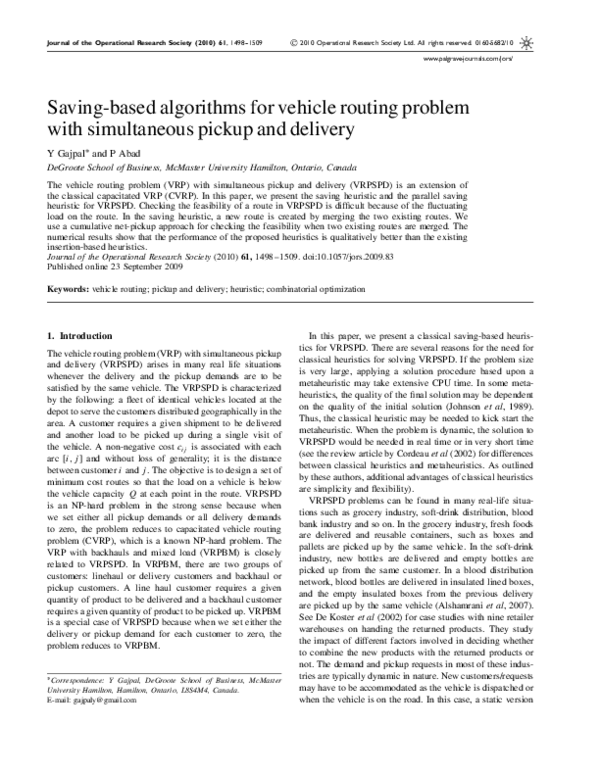 (PDF) Saving-based algorithms for vehicle routing problem with ...