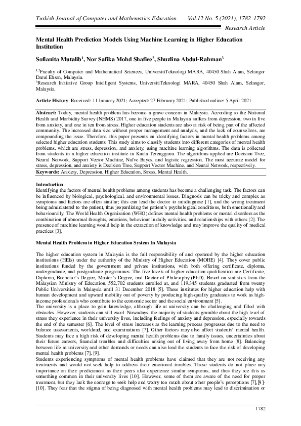 (PDF) Mental Health Prediction Models Using Machine Learning in Higher ...