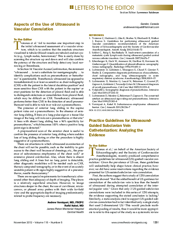 (PDF) Practice Guidelines for UltrasoundGuided Subclavian Vein