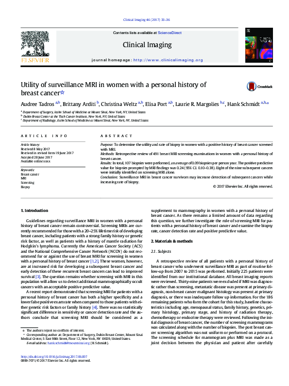 (PDF) Utility of surveillance MRI in women with a personal history of ...