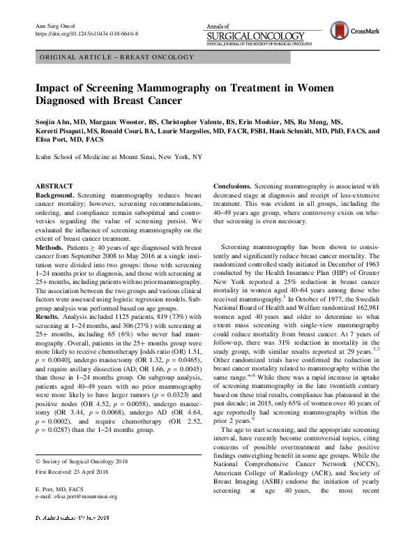 (PDF) Impact of Screening Mammography on Treatment in Women Diagnosed ...