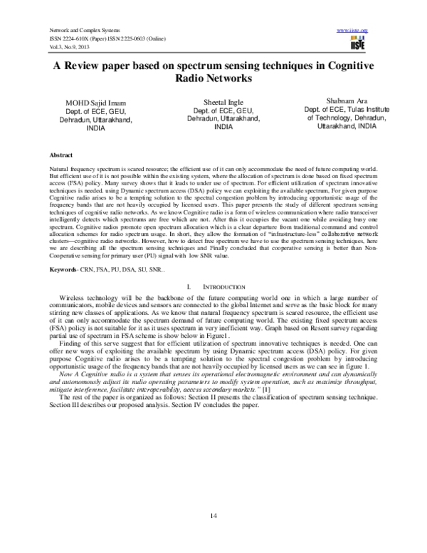 (PDF) A Review paper based on spectrum sensing techniques in Cognitive ...