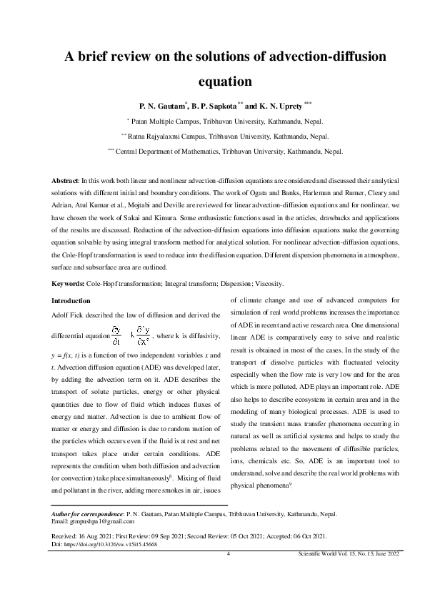 (PDF) A brief review on the solutions of advection-diffusion equation