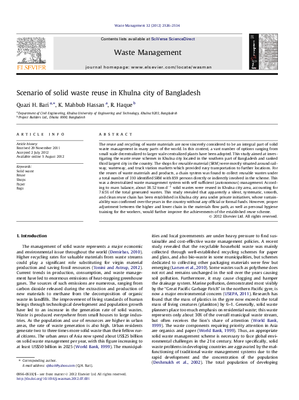 (PDF) Scenario of solid waste reuse in Khulna city of Bangladesh