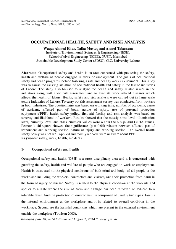 (PDF) Occupational Health, Safety and Risk Analysis Anmol Tabassum