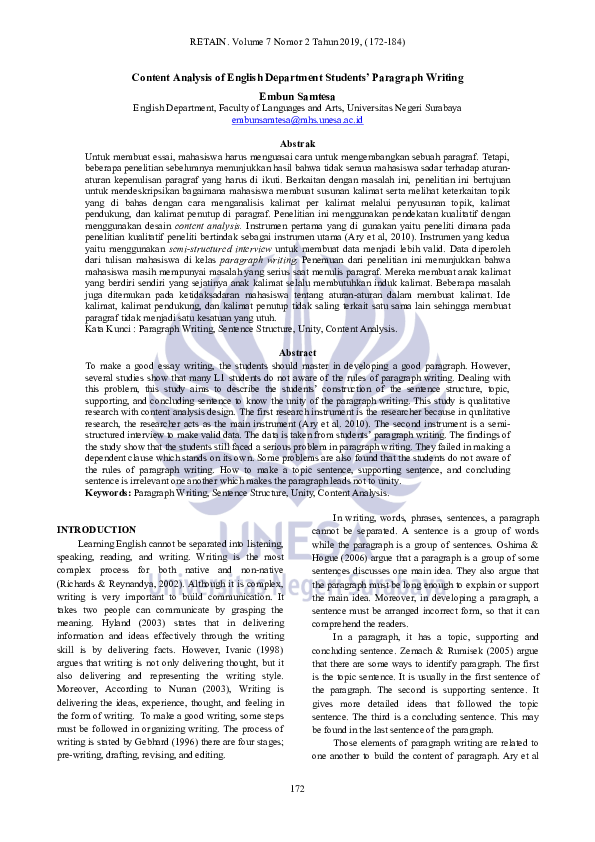 (PDF) Content Analysis of English Department Students’ Paragraph Writing