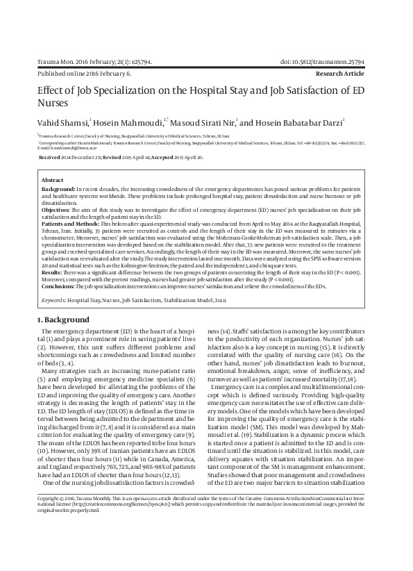 (PDF) Effect of Job Specialization on the Hospital Stay and Job ...