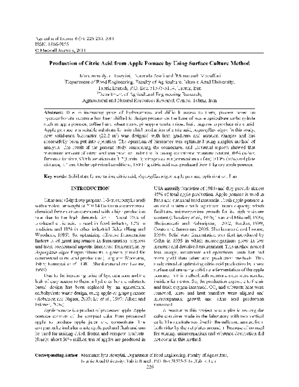 (PDF) Production of Citric Acid from Apple Pomace by Using Surface ...