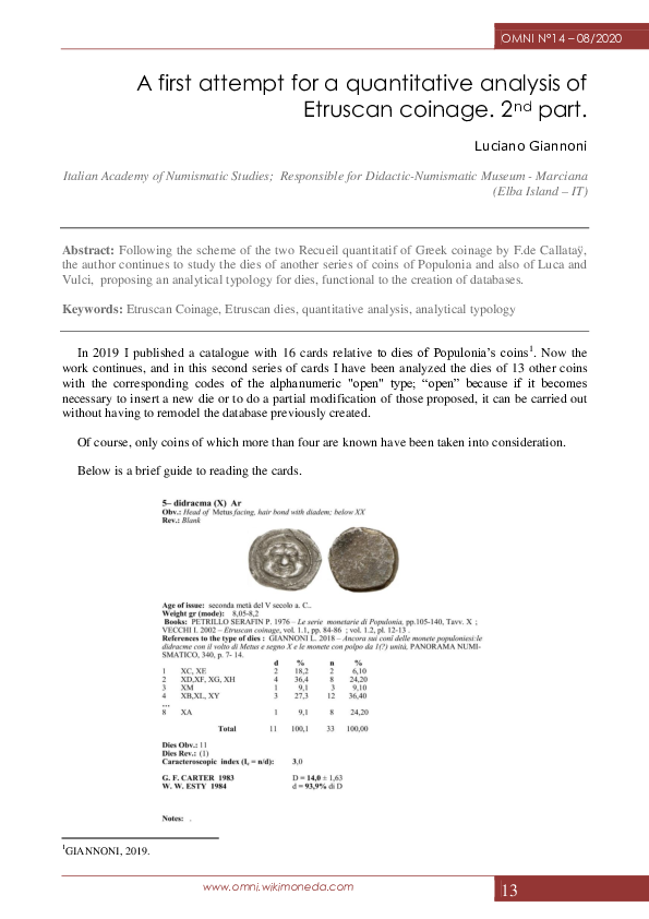 (PDF) A first attempt for a quantitative analysis of Etruscan coinage ...