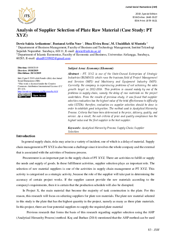 (PDF) Analysis of Supplier Selection of Plate Raw Material (Case Study ...