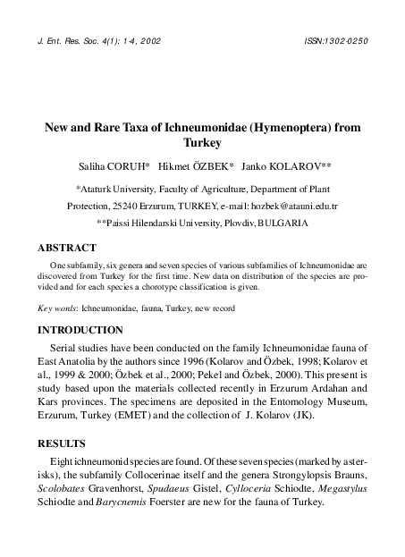 (PDF) New and rare species of Ichneumonidae (Hymenoptera) from Turkey