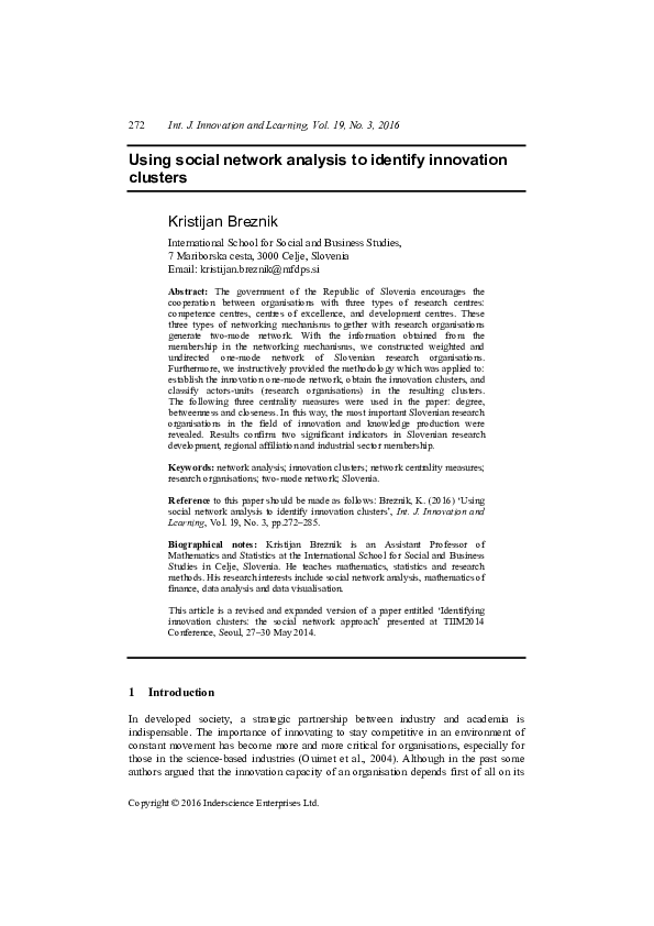 (PDF) Using social network analysis to identify innovation clusters