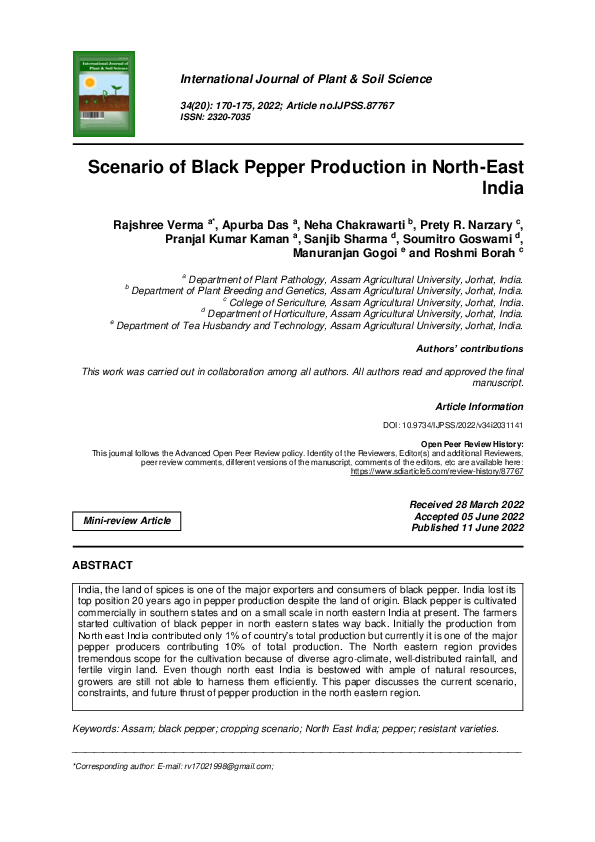 (PDF) Scenario of Black Pepper Production in NorthEast India