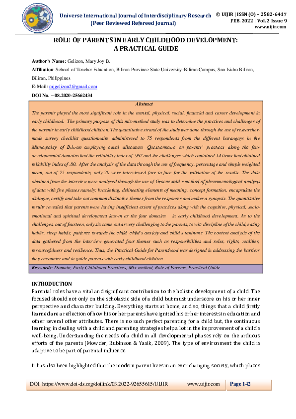 (PDF) ROLE OF PARENTS IN EARLY CHILDHOOD DEVELOPMENT: A PRACTICAL GUIDE