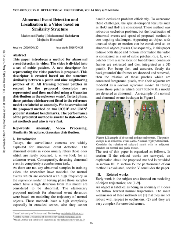 (PDF) Abnormal Event Detection and Localization in a Video based on ...