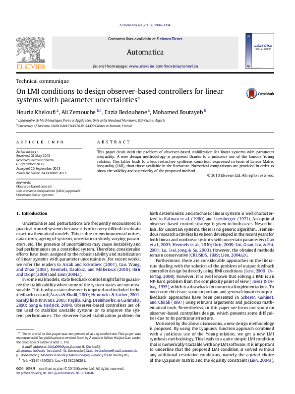 (PDF) On LMI conditions to design observer-based controllers for linear ...