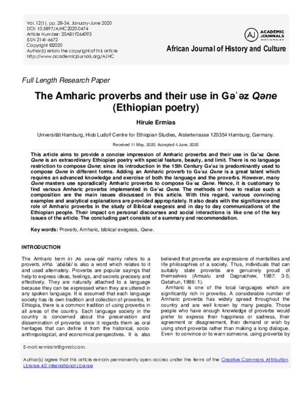 (PDF) The Amharic proverbs and their use in Gǝʿǝz Qǝne (Ethiopian poetry)