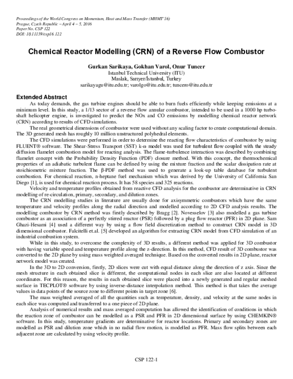 (PDF) Chemical Reactor Modelling (CRN) of a Reverse Flow Combustor