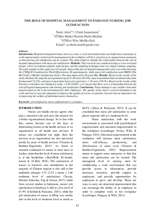(PDF) The Role of Hospital Management to Enhance Nursing Job Satisfaction