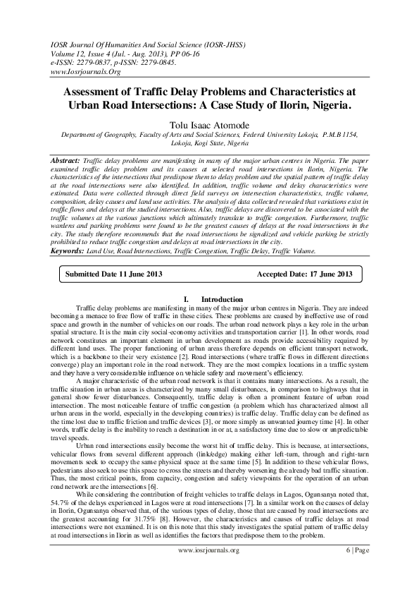 (PDF) Assessment of Traffic Delay Problems and Characteristics at Urban ...