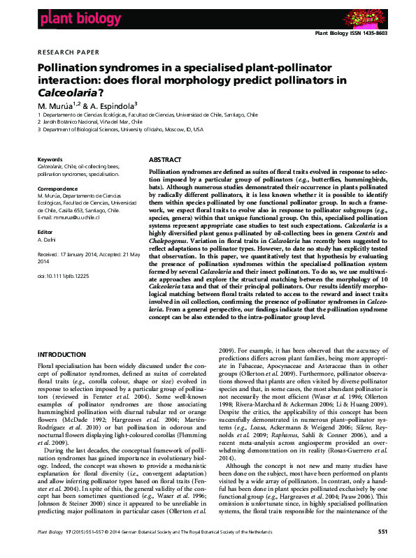 (PDF) Pollination syndromes in a specialised plant-pollinator ...