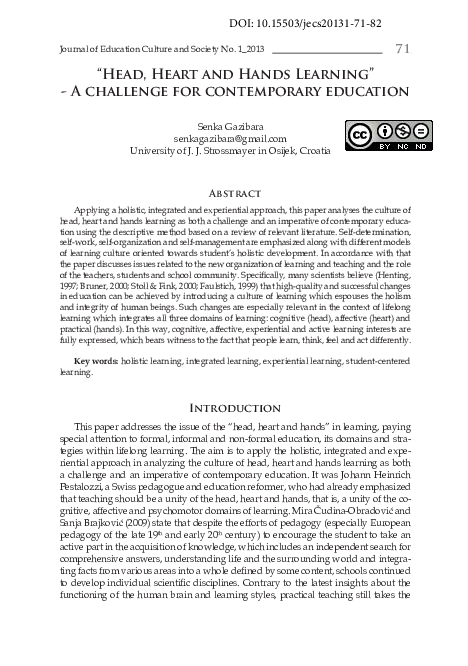 (PDF) “Head, Heart and Hands Learning” - A challenge for contemporary ...
