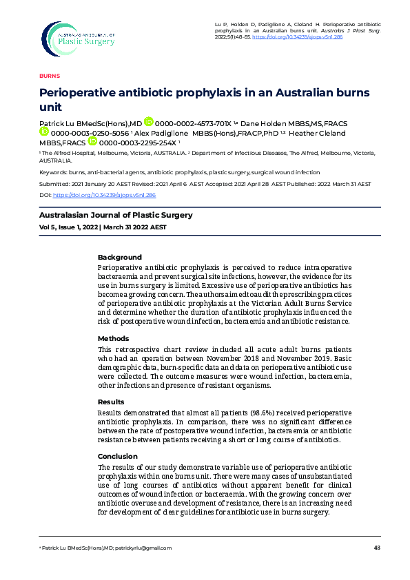 (PDF) Perioperative antibiotic prophylaxis in Australian burns patients