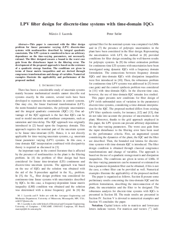 (PDF) LPV filter design for discrete-time systems with time-domain IQCs