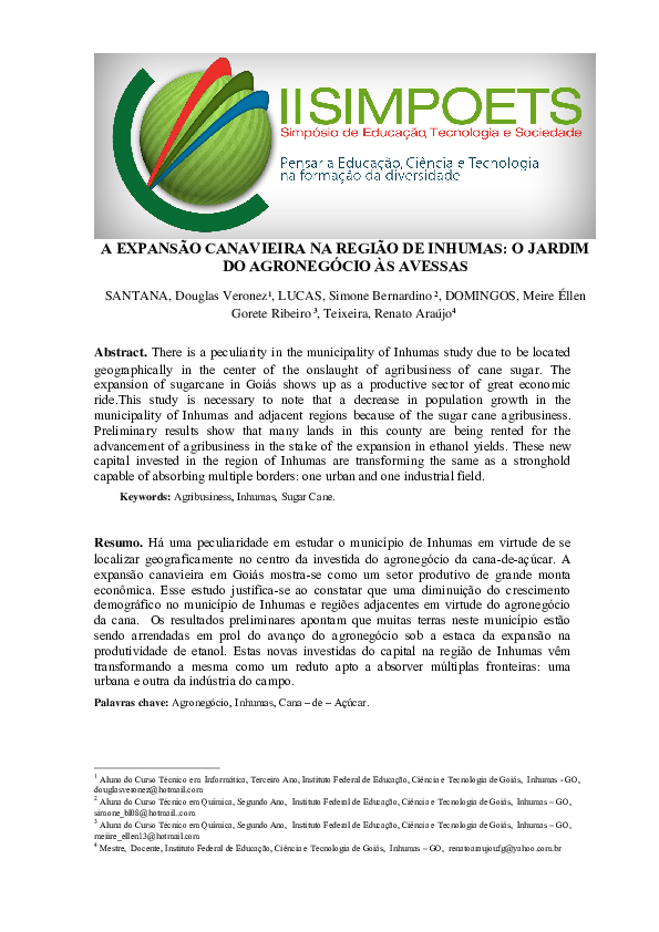 (PDF) A Expansão Canavieira Na Região De Inhumas: O Jardim Do ...