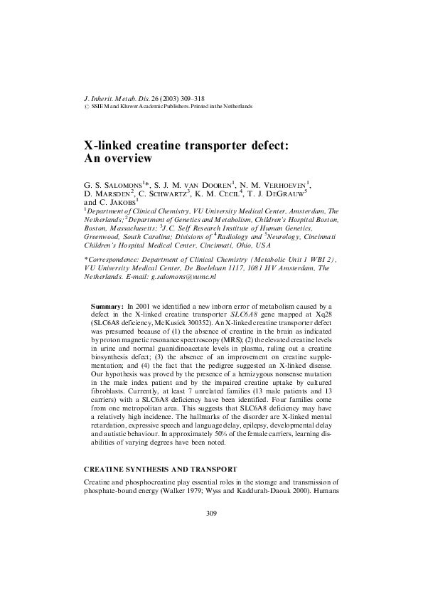 (PDF) X-linked creatine transporter defect: An overview | Kim Cecil ...
